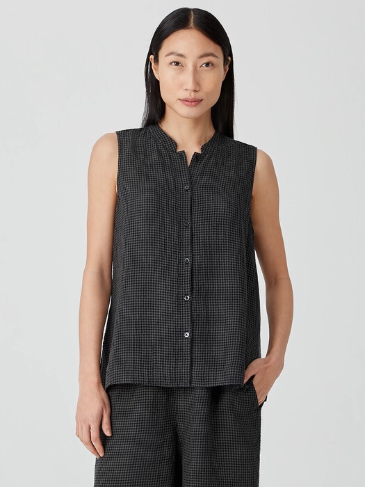 Eileen Fisher Sleeveless Button-Front Top In Charcoal Check